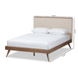 Baxton Studio Bella Mid-Century Modern Light Beige Fabric and Walnut Brown Finished Wood Queen Size Platform Bed