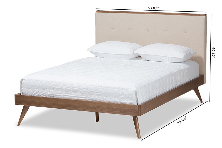 Baxton Studio Bella Mid-Century Modern Light Beige Fabric and Walnut Brown Finished Wood King Size Platform Bed