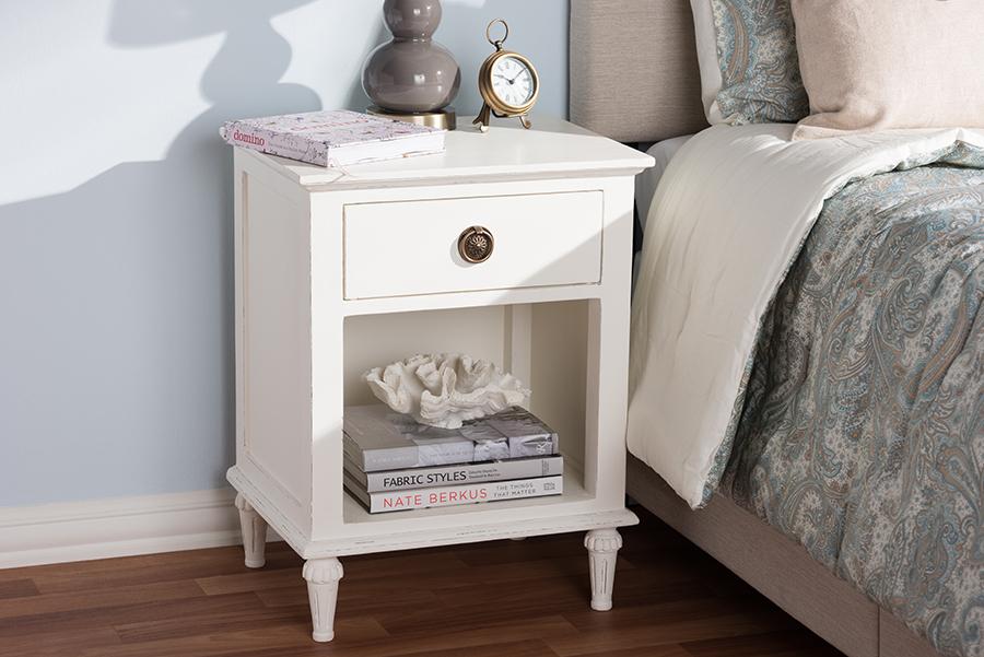 Baxton Studio Venezia French-Inspired Rustic Whitewash Wood 1-Drawer Nightstand