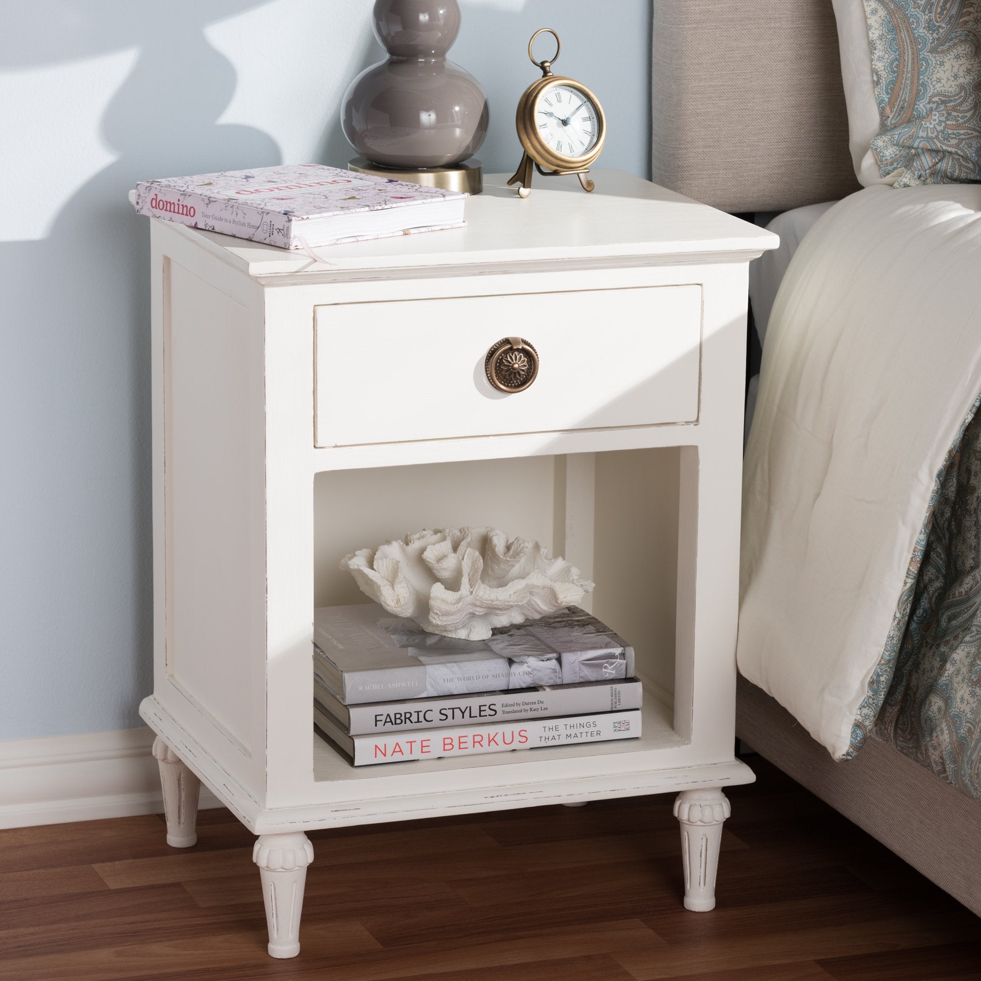 Baxton Studio Venezia French-Inspired Rustic Whitewash Wood 1-Drawer Nightstand