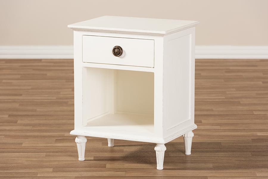 Baxton Studio Venezia French-Inspired Rustic Whitewash Wood 1-Drawer Nightstand