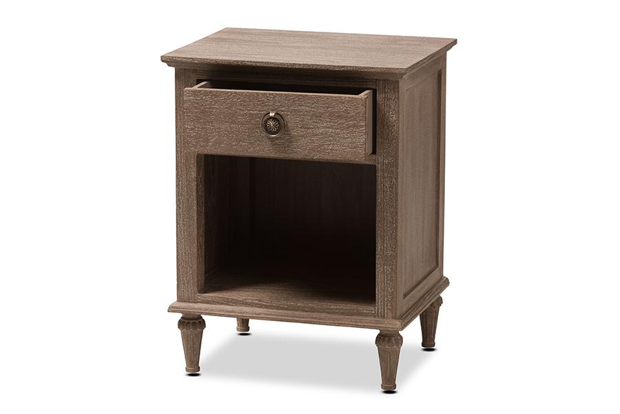 Baxton Studio Venezia French-Inspired Rustic Grey Wash Finish Wood 1-Drawer Nightstand