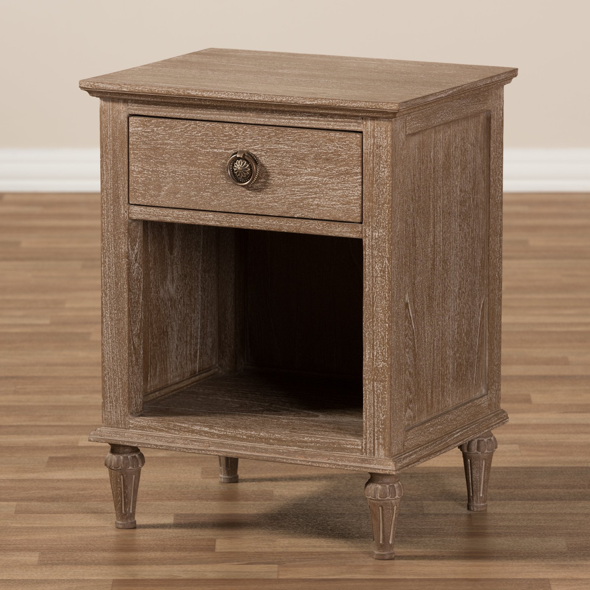 Baxton Studio Venezia French-Inspired Rustic Grey Wash Finish Wood 1-Drawer Nightstand