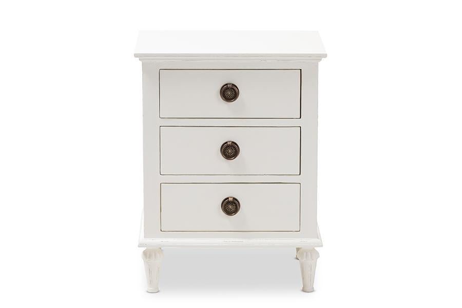 Baxton Studio Venezia French-Inspired Rustic Whitewash Wood 3-Drawer Nightstand