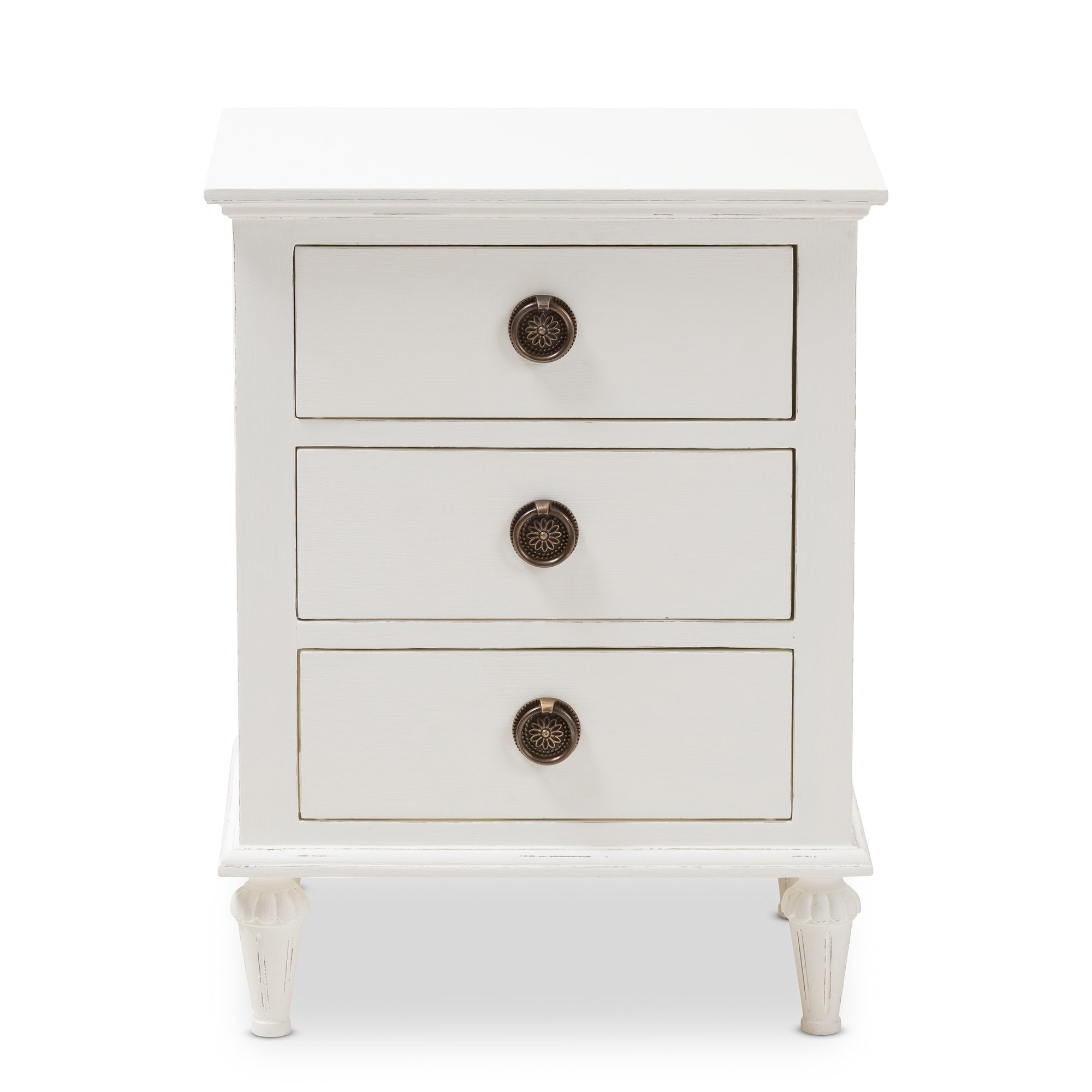 Baxton Studio Venezia French-Inspired Rustic Whitewash Wood 3-Drawer Nightstand