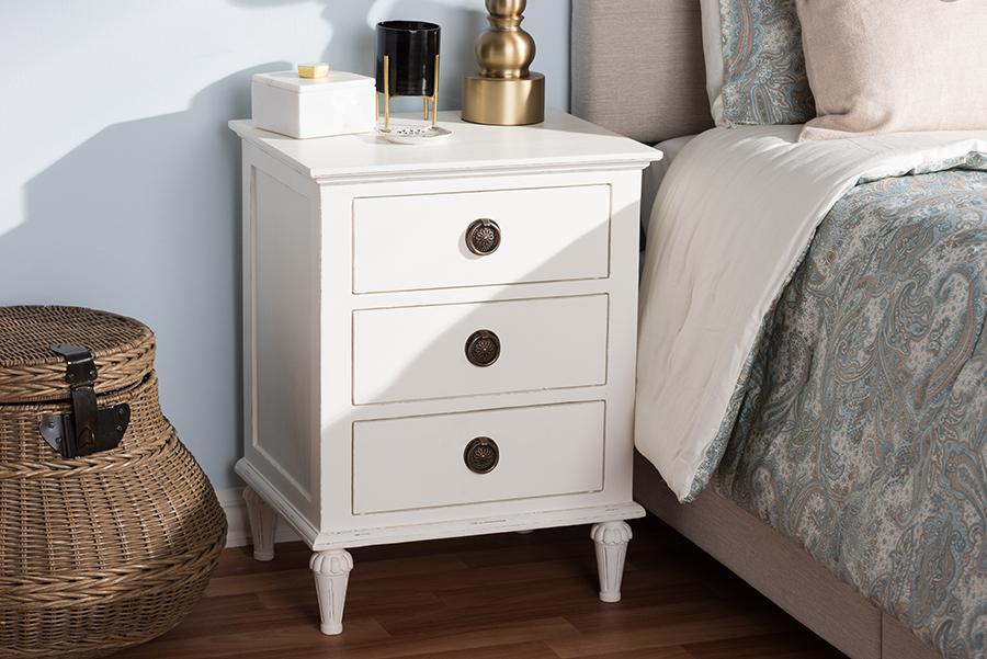 Baxton Studio Venezia French-Inspired Rustic Whitewash Wood 3-Drawer Nightstand