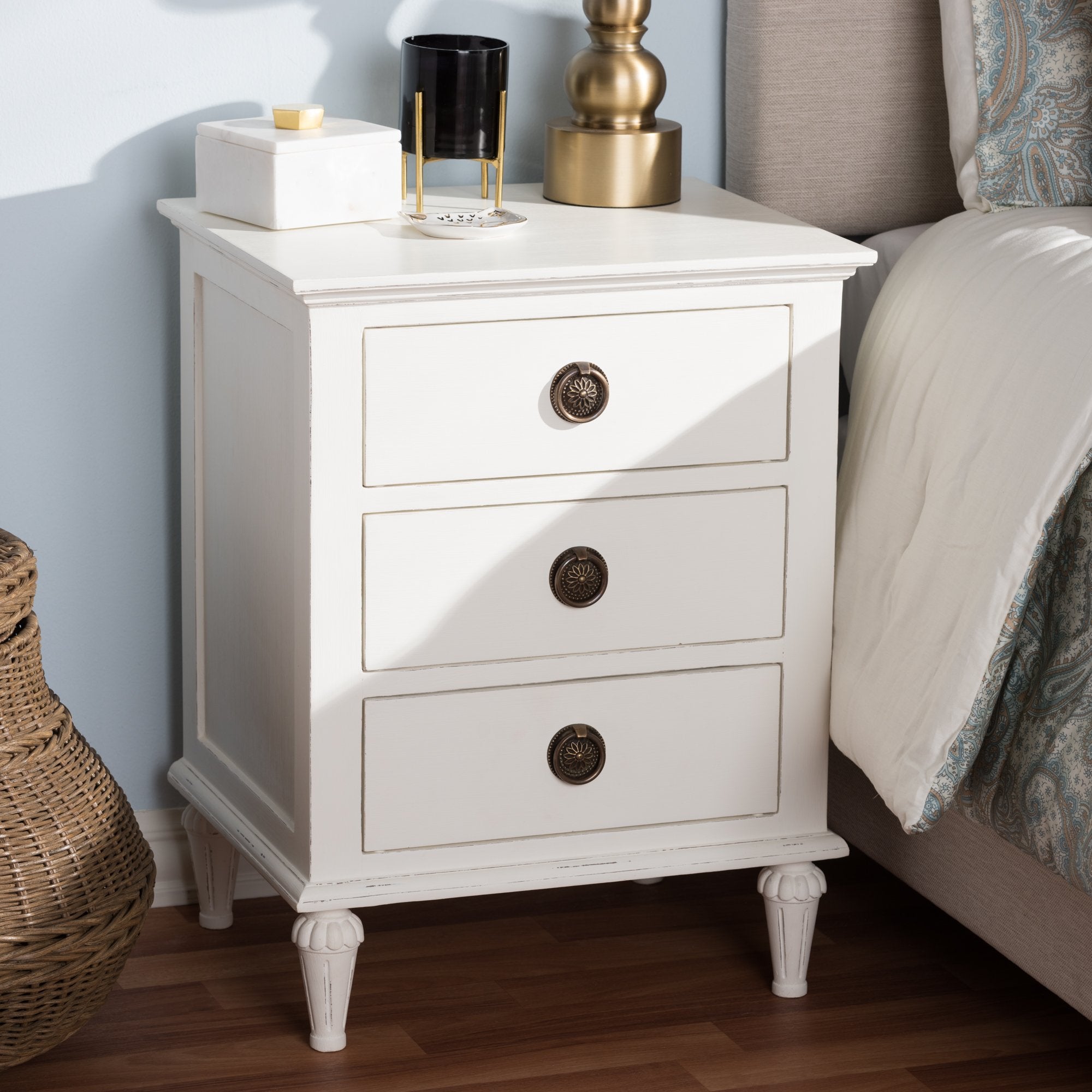 Baxton Studio Venezia French-Inspired Rustic Whitewash Wood 3-Drawer Nightstand