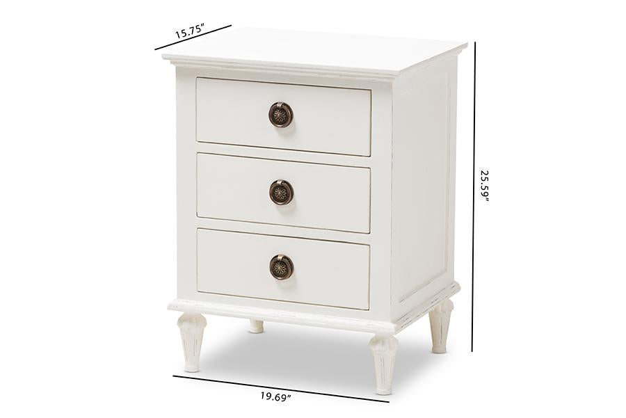 Baxton Studio Venezia French-Inspired Rustic Whitewash Wood 3-Drawer Nightstand