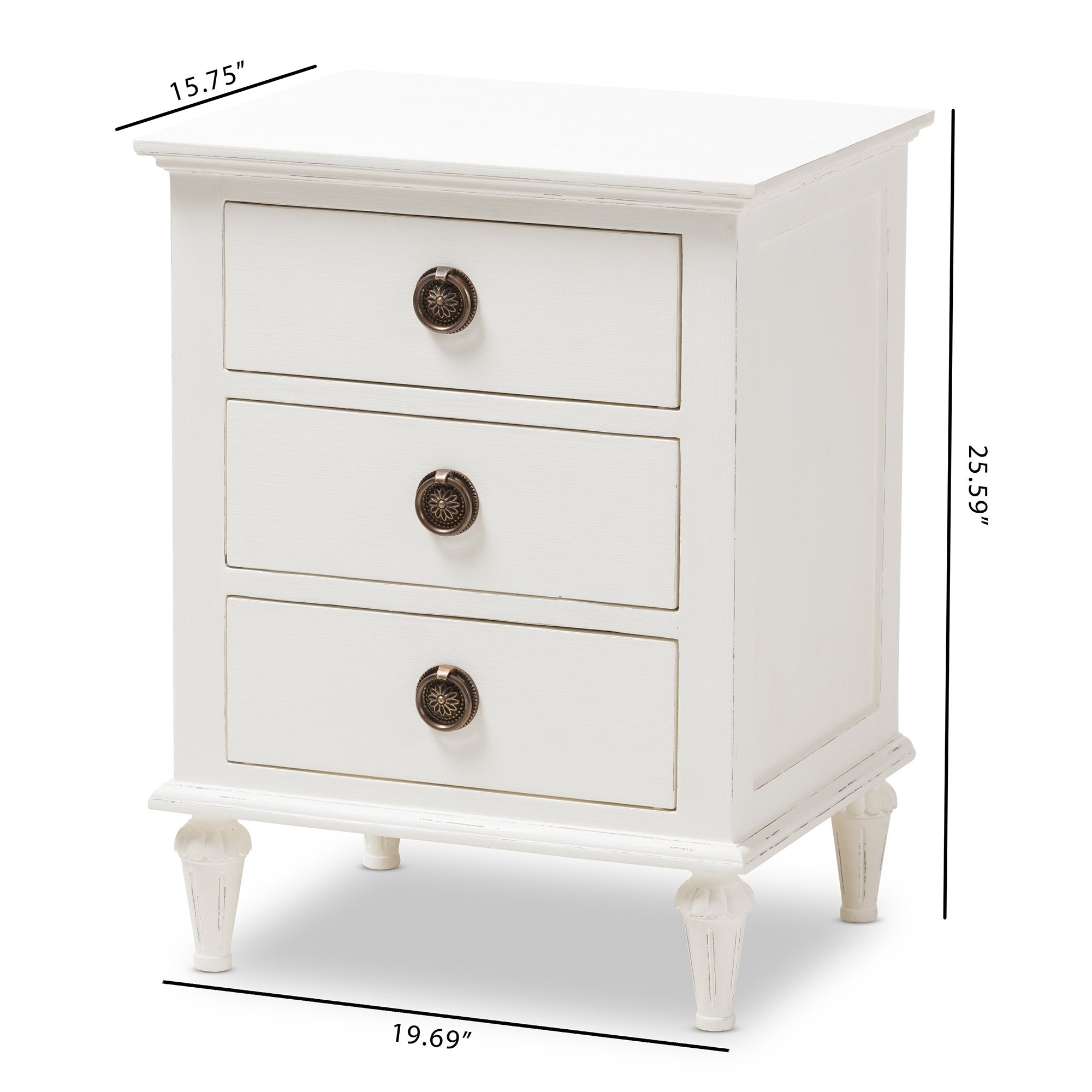 Baxton Studio Venezia French-Inspired Rustic Whitewash Wood 3-Drawer Nightstand