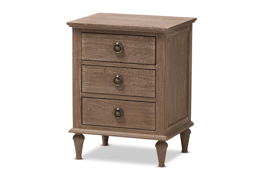 Baxton Studio Venezia French-Inspired Rustic Grey Wash Finish Wood 3-Drawer Nightstand