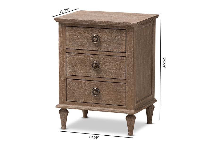 Baxton Studio Venezia French-Inspired Rustic Grey Wash Finish Wood 3-Drawer Nightstand