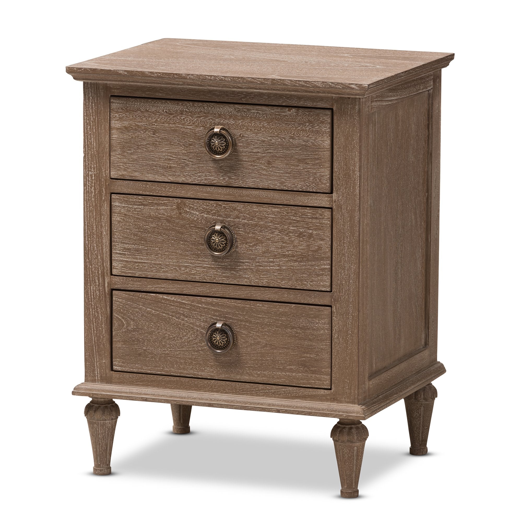 Baxton Studio Venezia French-Inspired Rustic Grey Wash Finish Wood 3-Drawer Nightstand