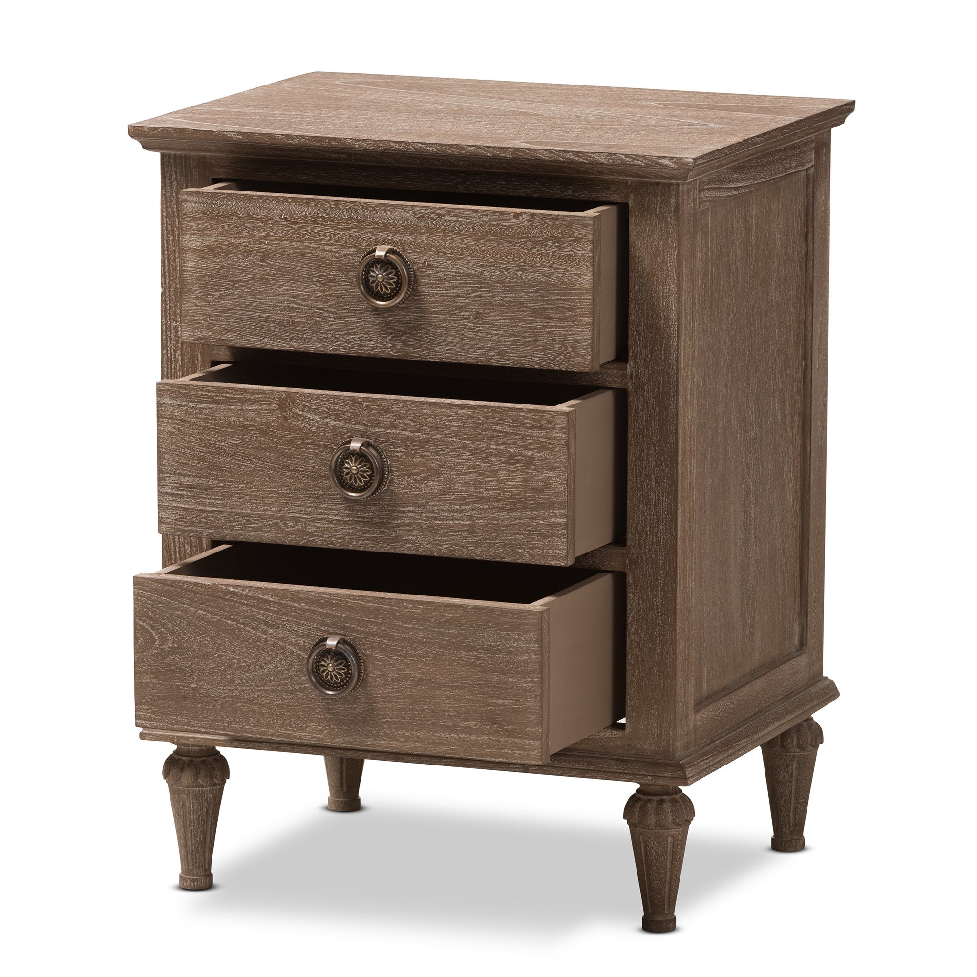 Baxton Studio Venezia French-Inspired Rustic Grey Wash Finish Wood 3-Drawer Nightstand