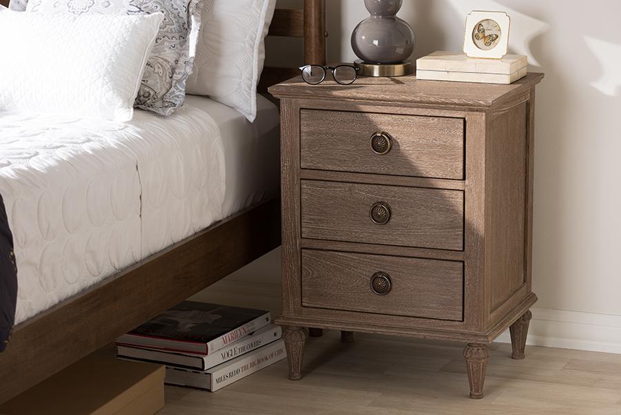 Baxton Studio Venezia French-Inspired Rustic Grey Wash Finish Wood 3-Drawer Nightstand