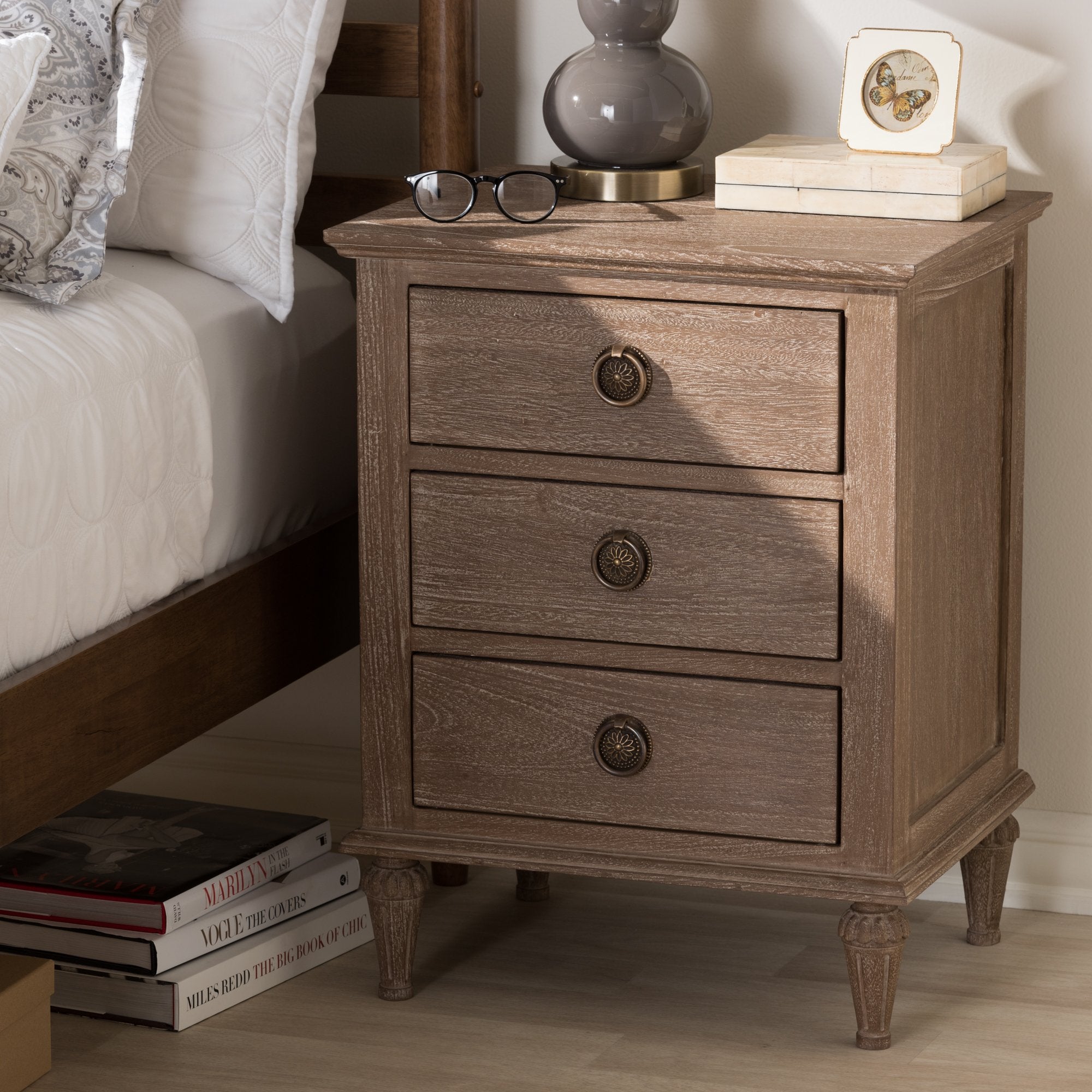 Baxton Studio Venezia French-Inspired Rustic Grey Wash Finish Wood 3-Drawer Nightstand