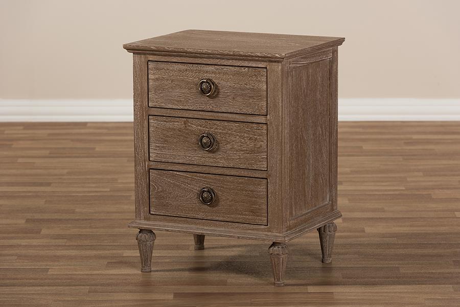 Baxton Studio Venezia French-Inspired Rustic Grey Wash Finish Wood 3-Drawer Nightstand