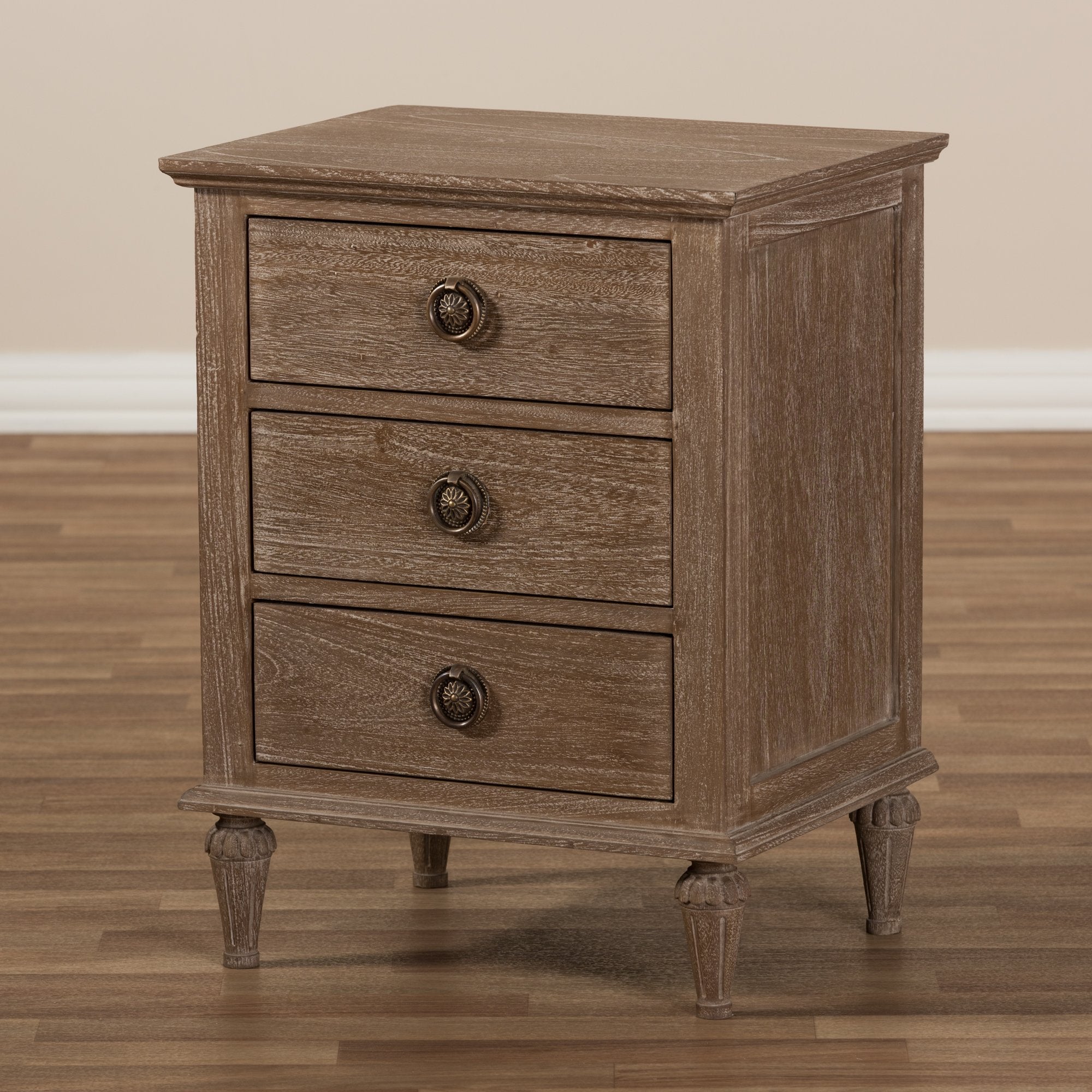 Baxton Studio Venezia French-Inspired Rustic Grey Wash Finish Wood 3-Drawer Nightstand