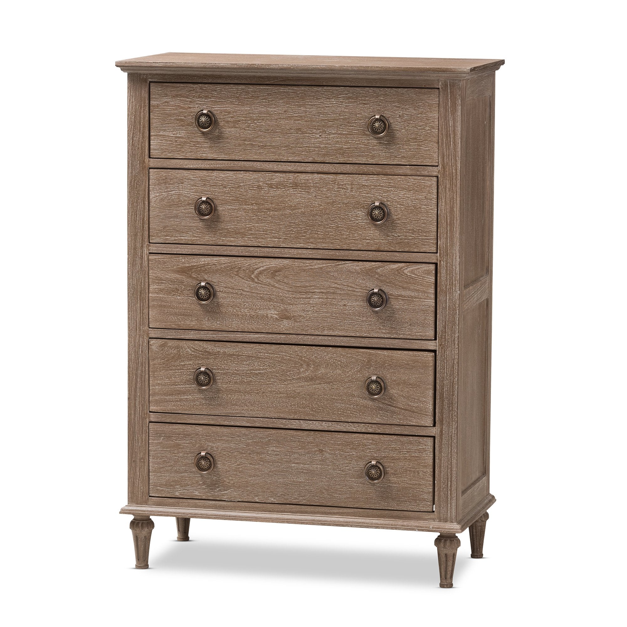 Baxton Studio Venezia French-Inspired Rustic Grey Wash Finish Wood 5-Drawer Chest