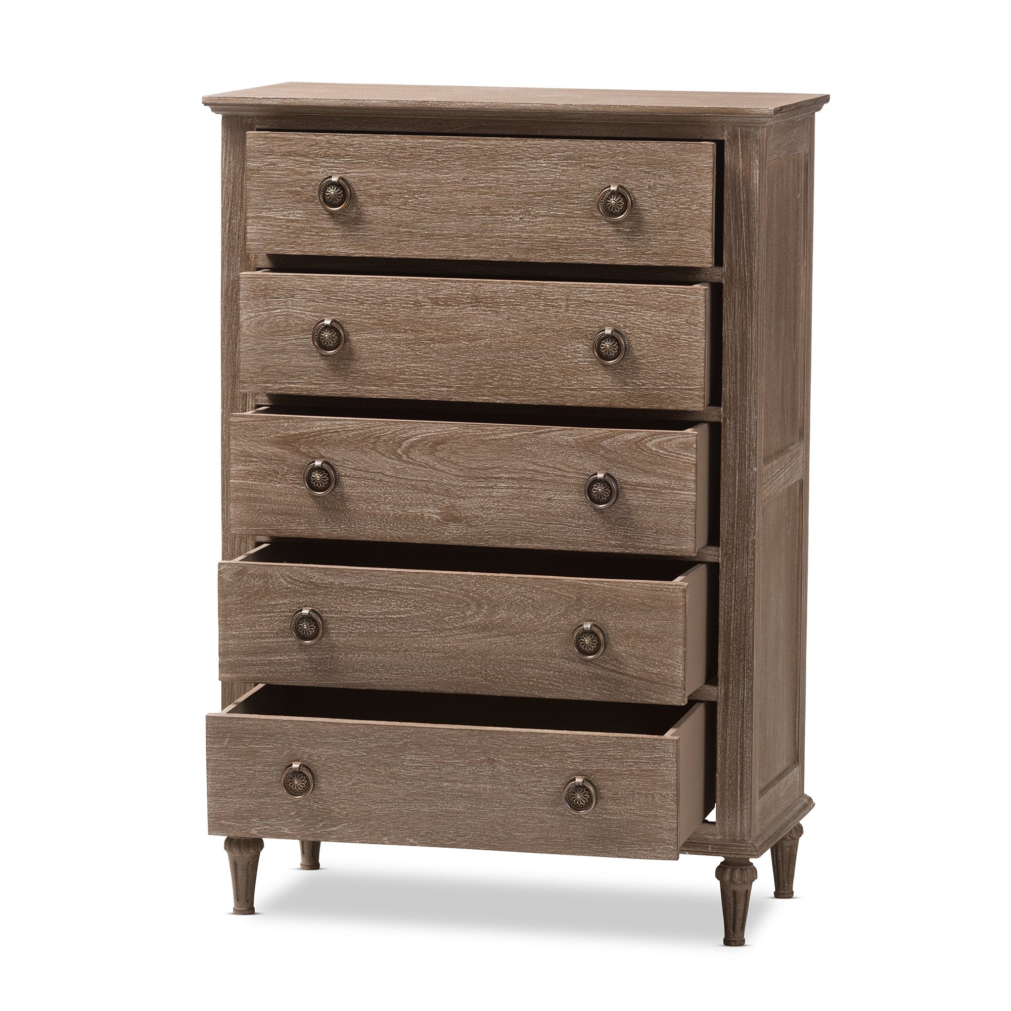 Baxton Studio Venezia French-Inspired Rustic Grey Wash Finish Wood 5-Drawer Chest