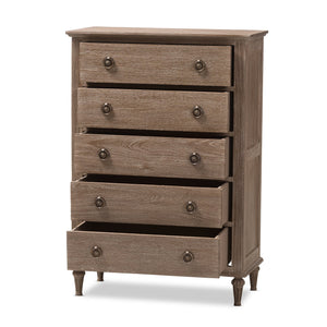 Baxton Studio Venezia French-Inspired Rustic Grey Wash Finish Wood 5-Drawer Chest