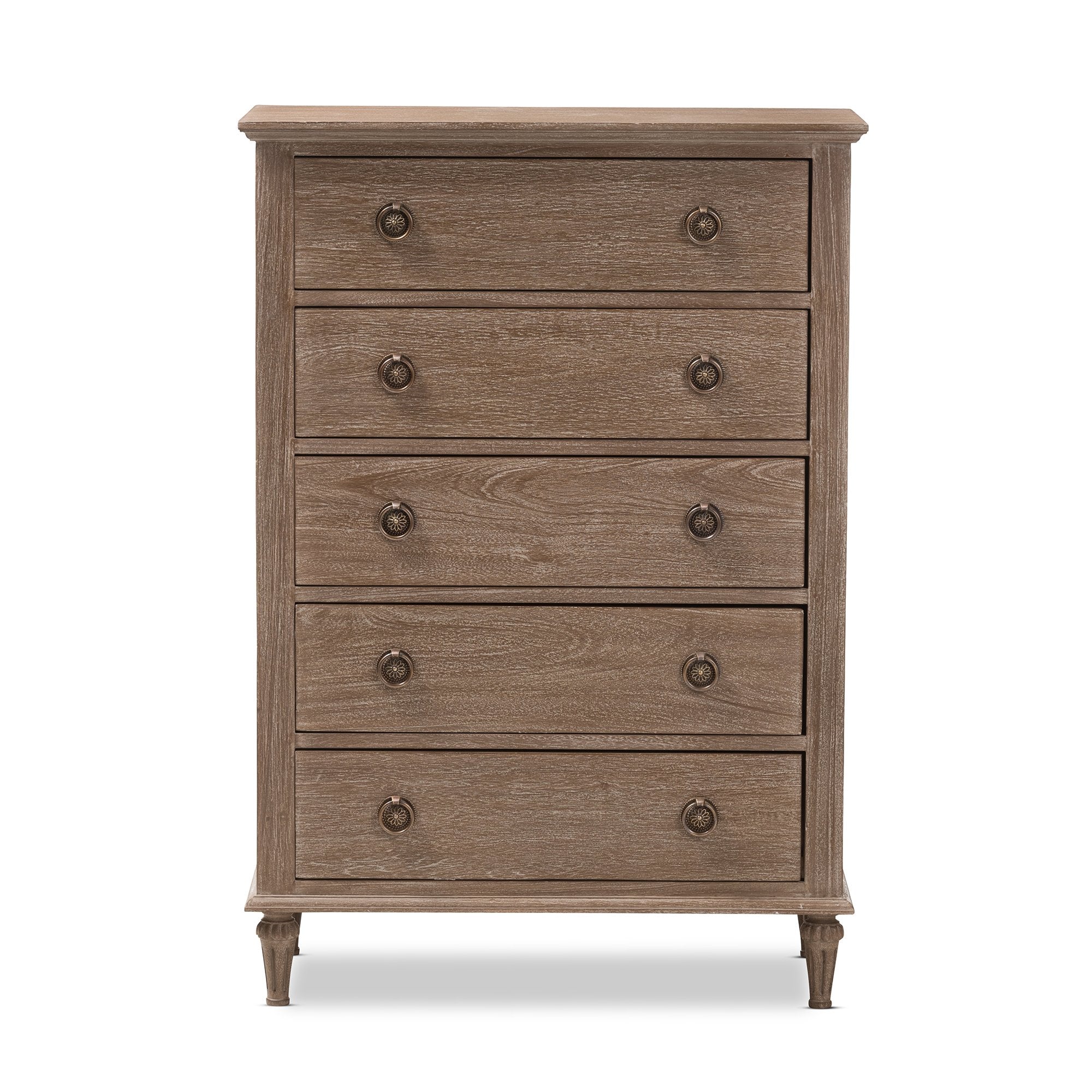 Baxton Studio Venezia French-Inspired Rustic Grey Wash Finish Wood 5-Drawer Chest