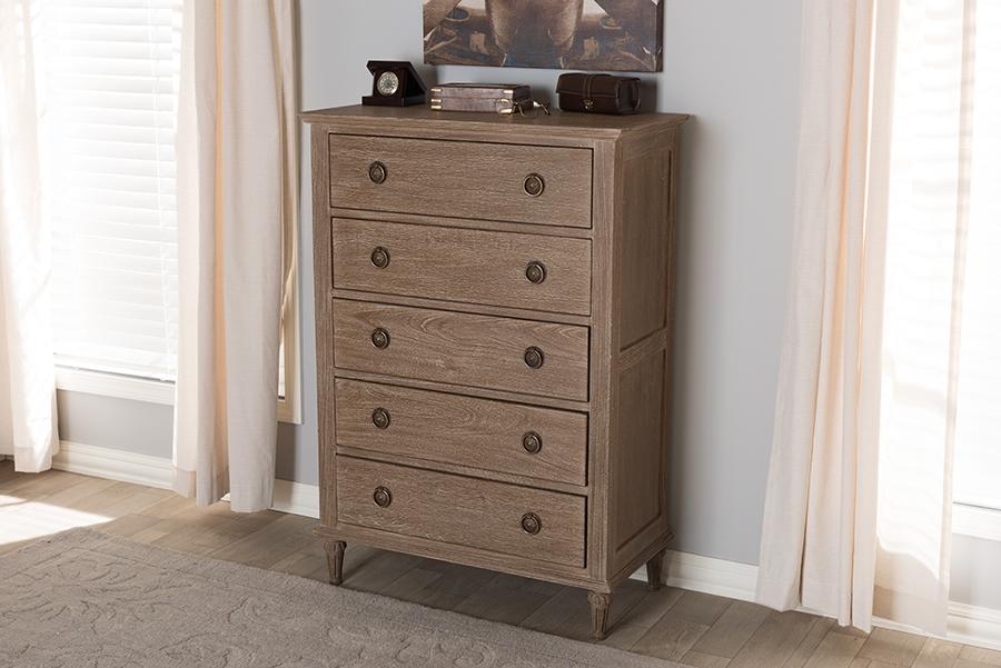 Baxton Studio Venezia French-Inspired Rustic Grey Wash Finish Wood 5-Drawer Chest