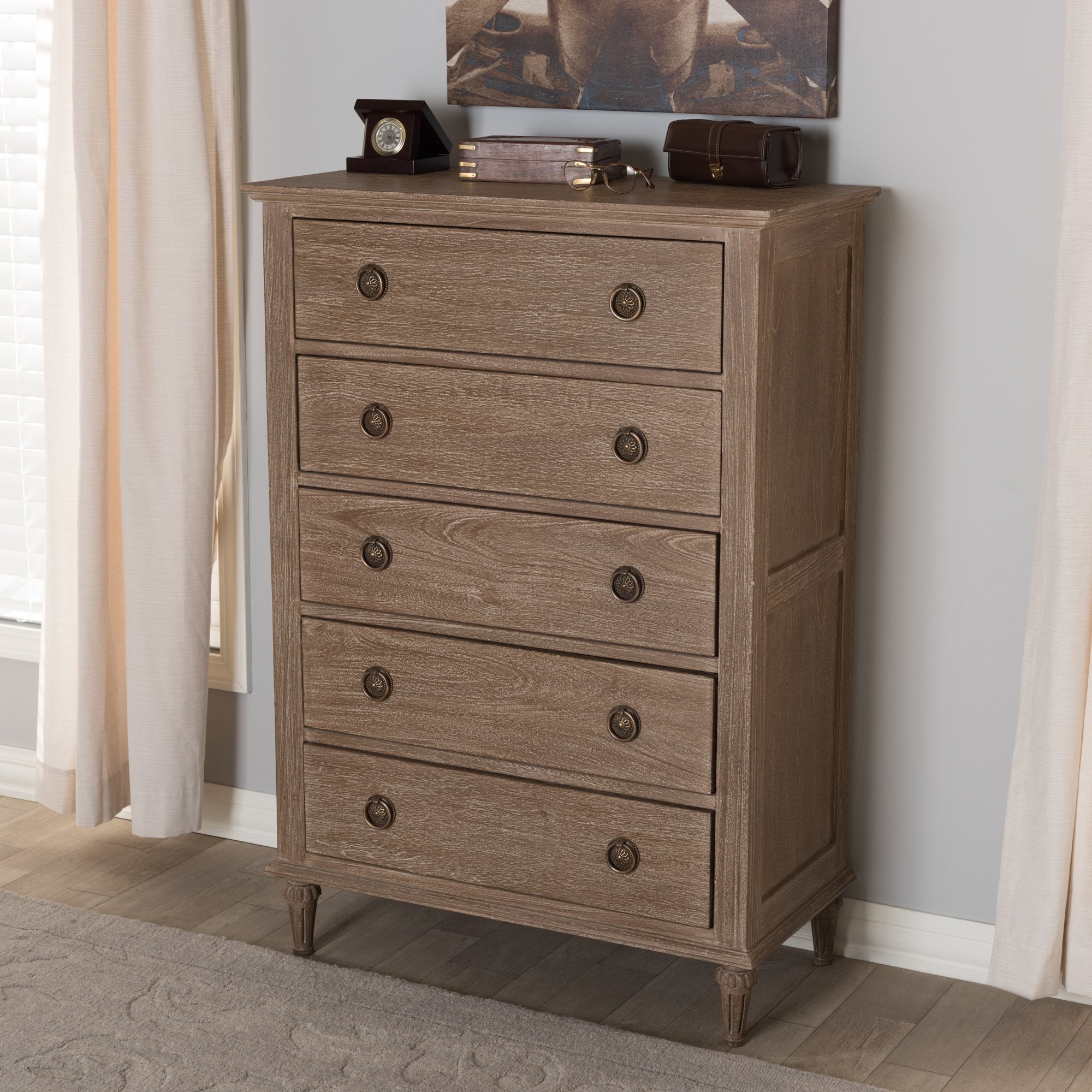 Baxton Studio Venezia French-Inspired Rustic Grey Wash Finish Wood 5-Drawer Chest