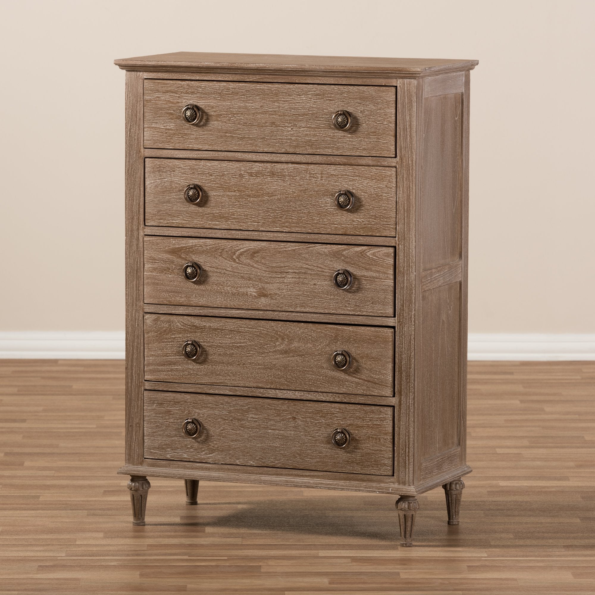 Baxton Studio Venezia French-Inspired Rustic Grey Wash Finish Wood 5-Drawer Chest