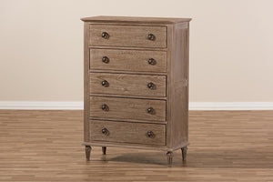 Baxton Studio Venezia French-Inspired Rustic Grey Wash Finish Wood 5-Drawer Chest