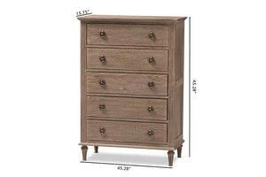 Baxton Studio Venezia French-Inspired Rustic Grey Wash Finish Wood 5-Drawer Chest