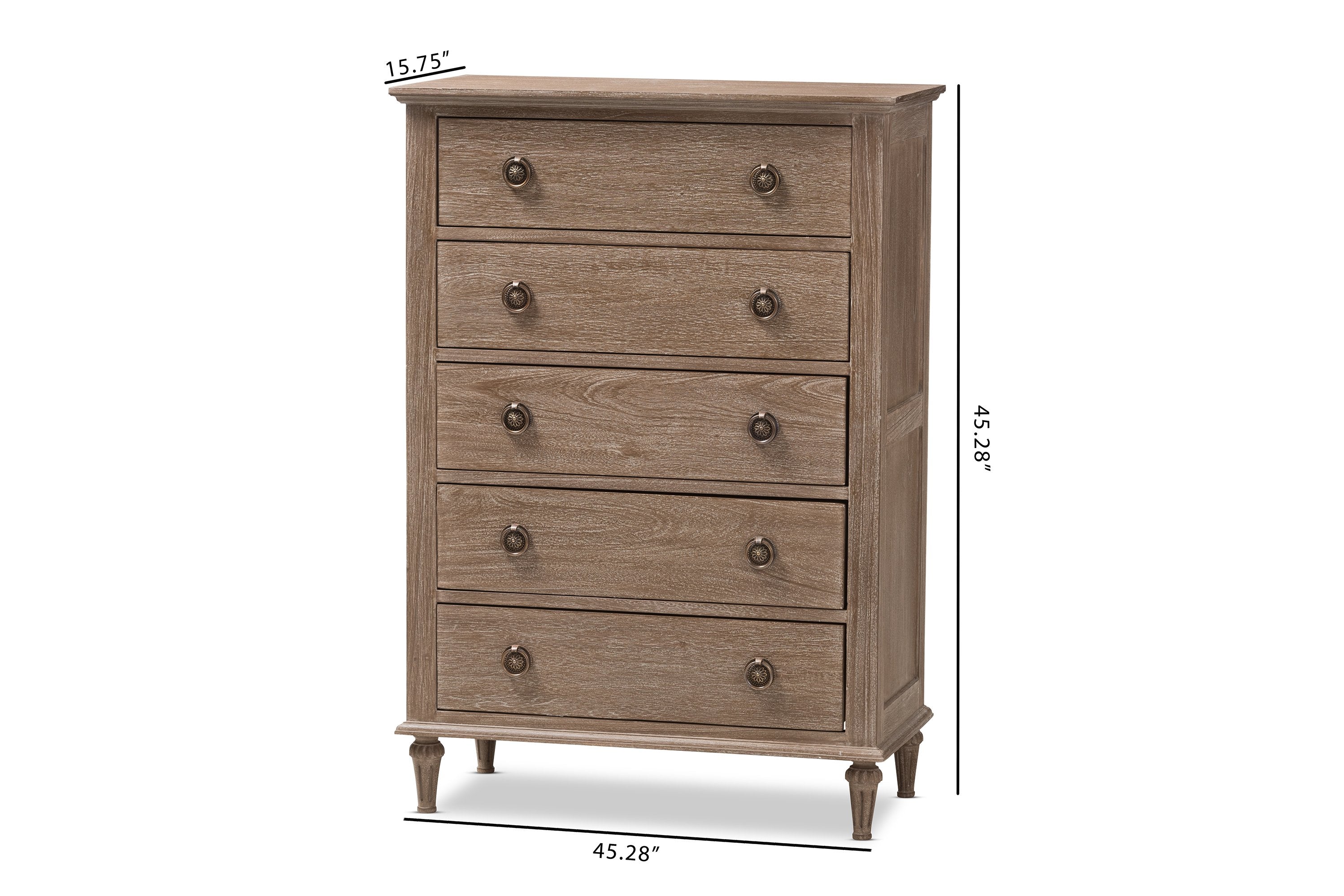 Baxton Studio Venezia French-Inspired Rustic Grey Wash Finish Wood 5-Drawer Chest