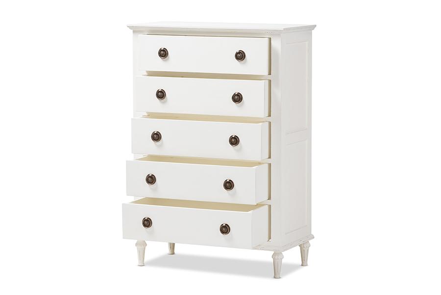 Baxton Studio Venezia French-Inspired Rustic Whitewash Wood 5-Drawer Chest