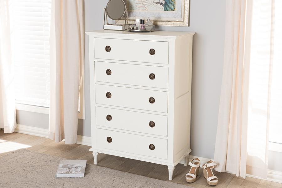 Baxton Studio Venezia French-Inspired Rustic Whitewash Wood 5-Drawer Chest