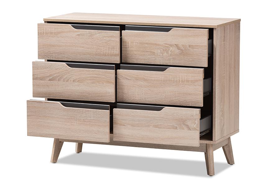 Baxton Studio Fella Mid-Century Modern Two-Tone Oak and Grey Wood 6-Drawer Dresser