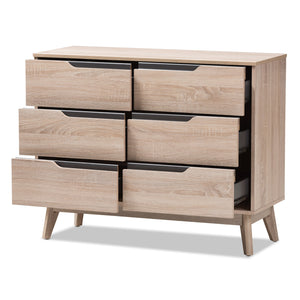 Baxton Studio Fella Mid-Century Modern Two-Tone Oak and Grey Wood 6-Drawer Dresser