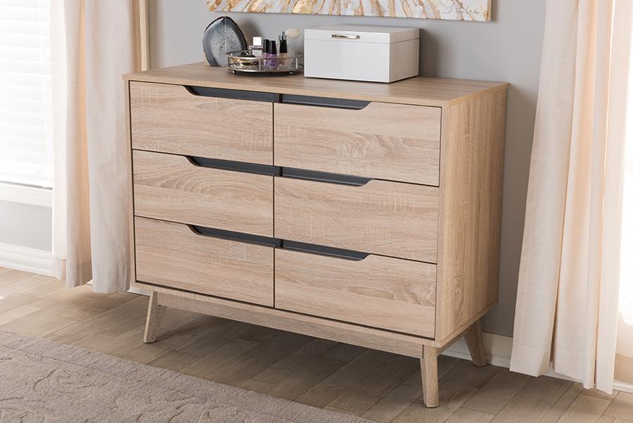 Baxton Studio Fella Mid-Century Modern Two-Tone Oak and Grey Wood 6-Drawer Dresser