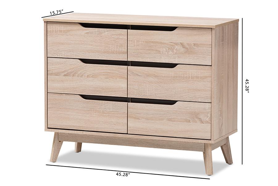 Baxton Studio Fella Mid-Century Modern Two-Tone Oak and Grey Wood 6-Drawer Dresser