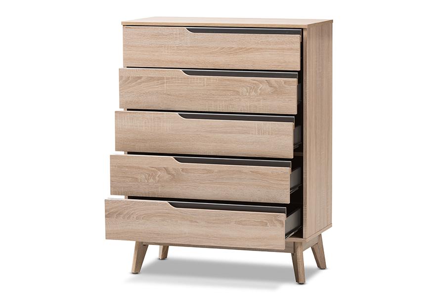 Baxton Studio Fella Mid-Century Modern Two-Tone Oak and Grey Wood 5-Drawer Chest