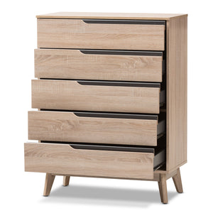 Baxton Studio Fella Mid-Century Modern Two-Tone Oak and Grey Wood 5-Drawer Chest