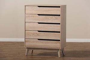 Baxton Studio Fella Mid-Century Modern Two-Tone Oak and Grey Wood 5-Drawer Chest