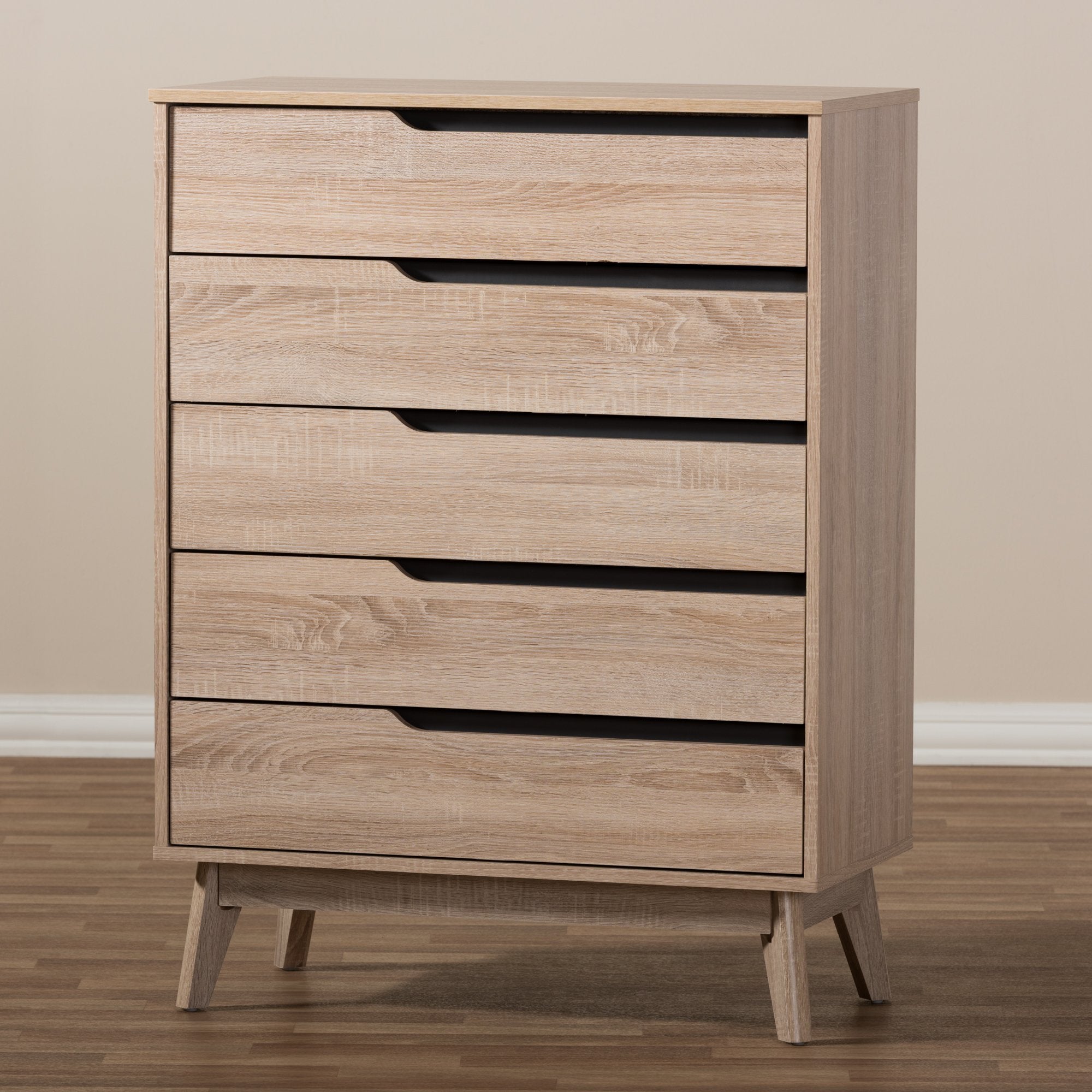 Baxton Studio Fella Mid-Century Modern Two-Tone Oak and Grey Wood 5-Drawer Chest