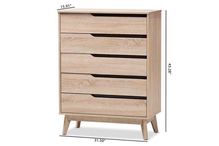 Baxton Studio Fella Mid-Century Modern Two-Tone Oak and Grey Wood 5-Drawer Chest