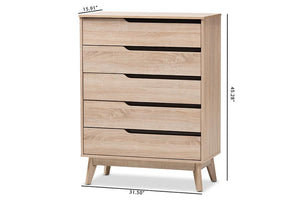 Baxton Studio Fella Mid-Century Modern Two-Tone Oak and Grey Wood 5-Drawer Chest