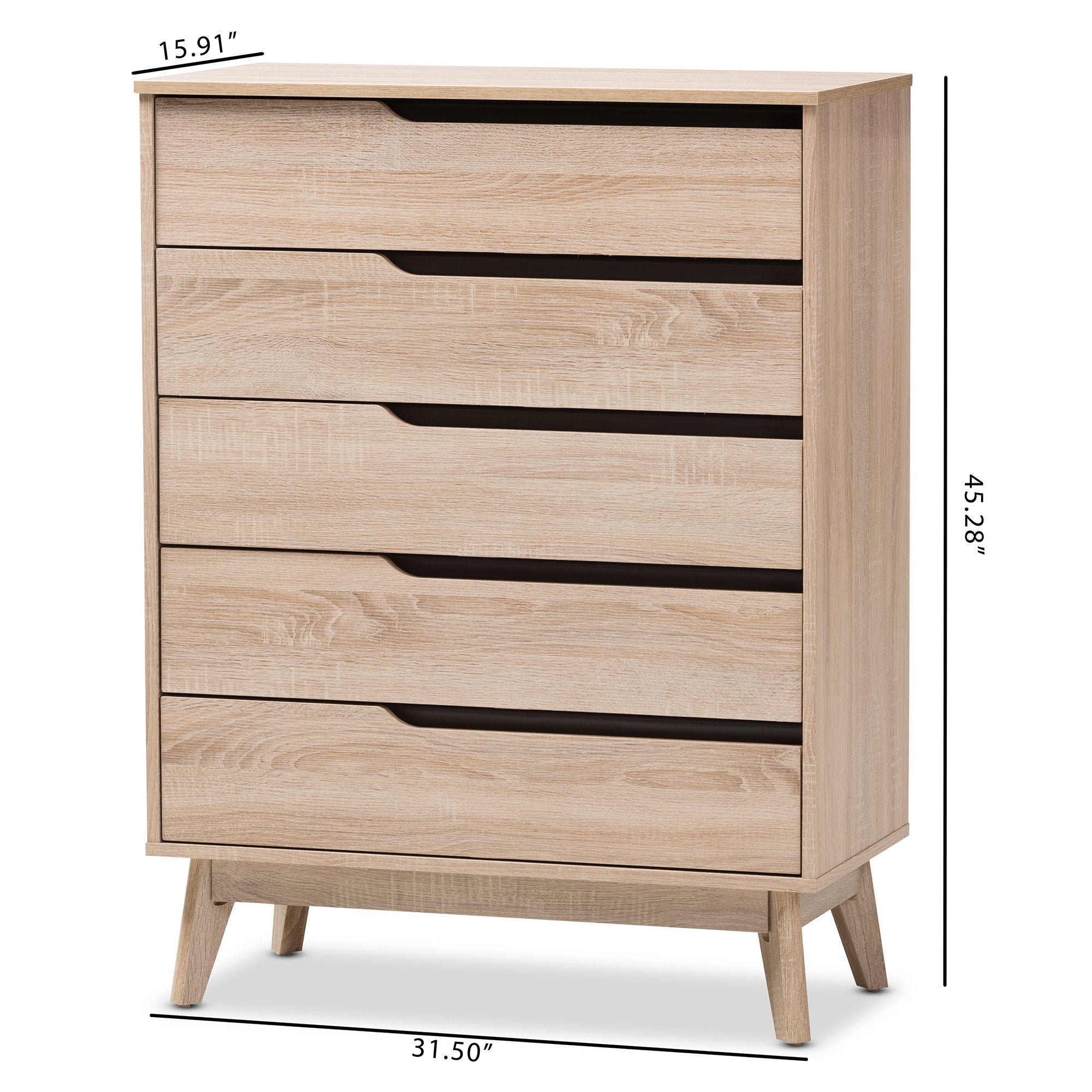 Baxton Studio Fella Mid-Century Modern Two-Tone Oak and Grey Wood 5-Drawer Chest