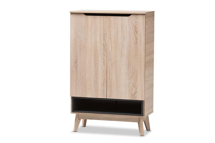 Baxton Studio Fella Mid-Century Modern Two-Tone Oak and Grey Wood Shoe Cabinet