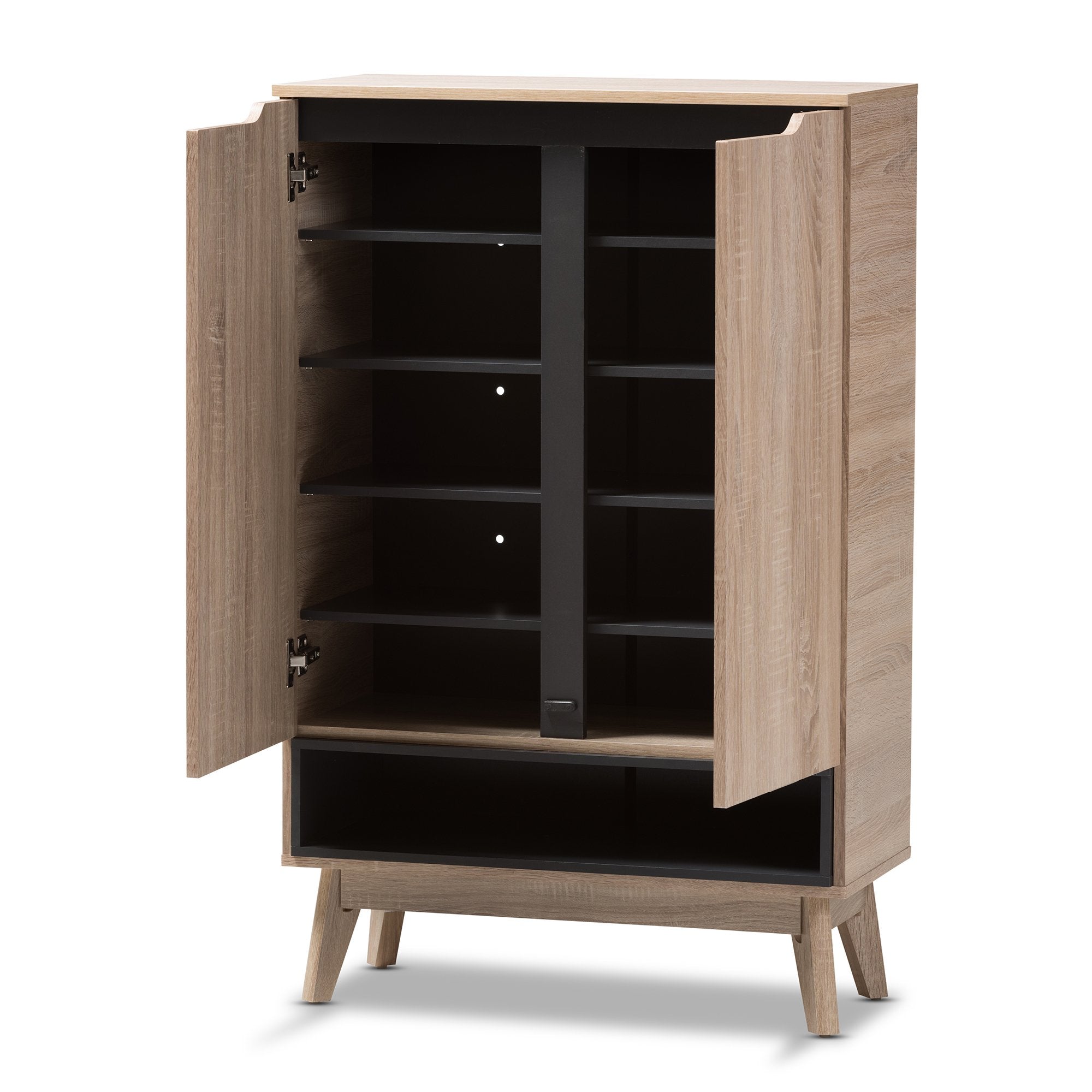 Baxton Studio Fella Mid-Century Modern Two-Tone Oak and Grey Wood Shoe Cabinet