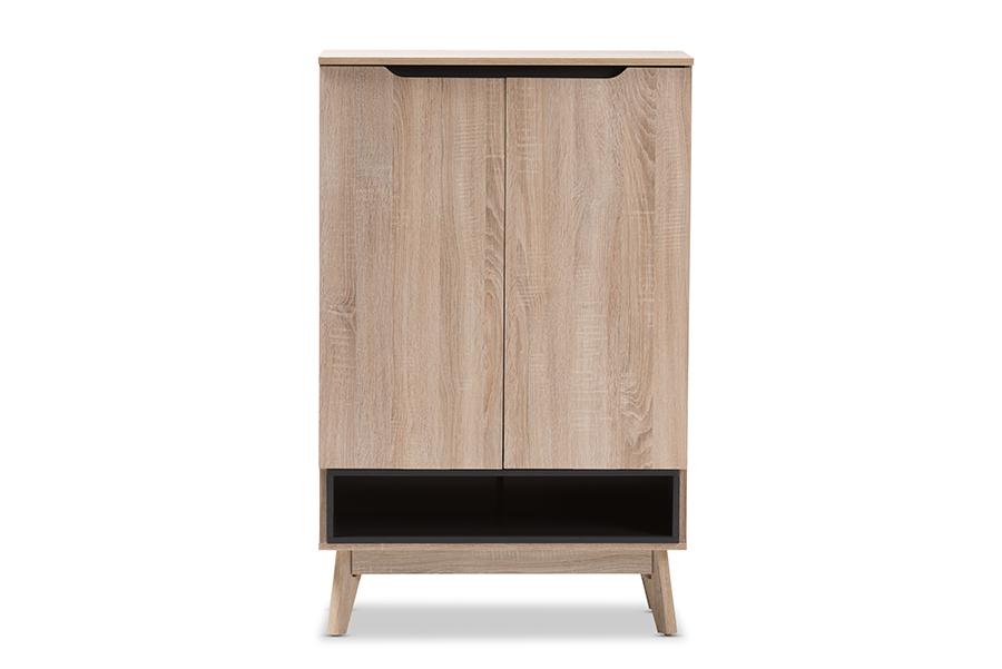 Baxton Studio Fella Mid-Century Modern Two-Tone Oak and Grey Wood Shoe Cabinet