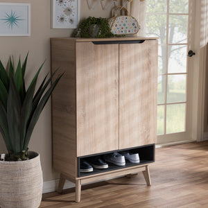 Baxton Studio Fella Mid-Century Modern Two-Tone Oak and Grey Wood Shoe Cabinet