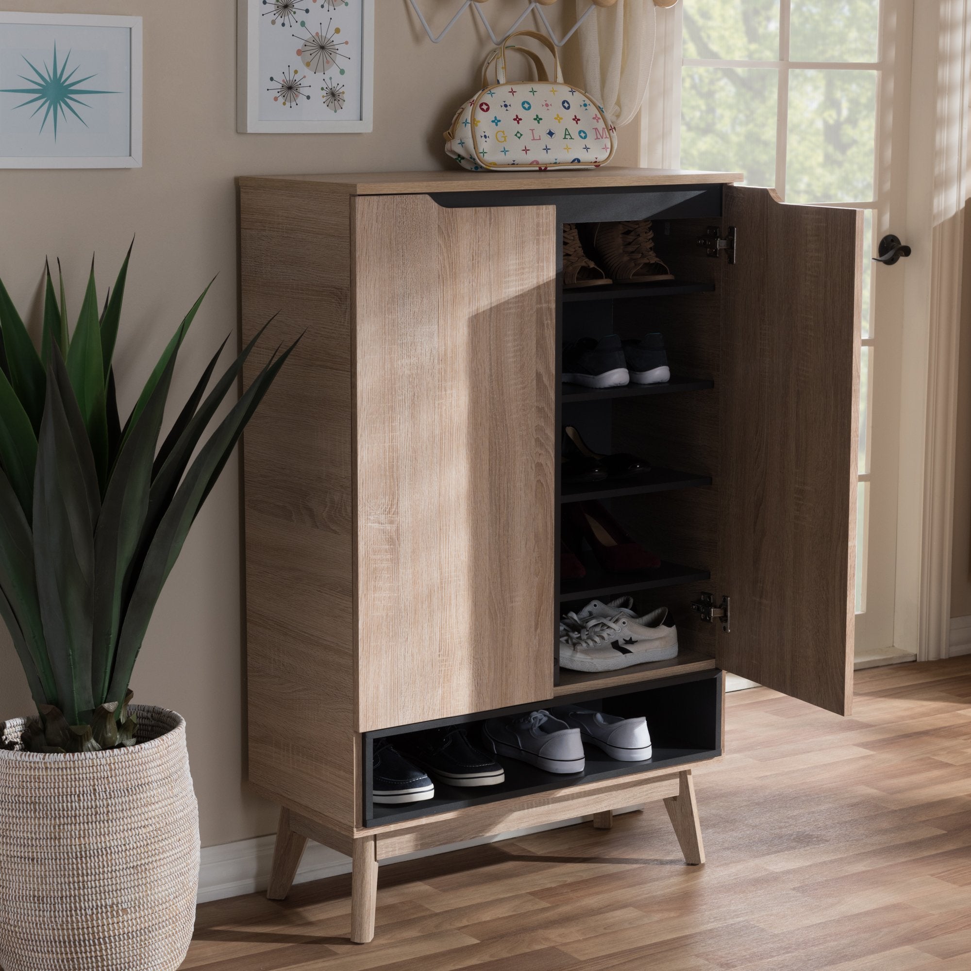 Baxton Studio Fella Mid-Century Modern Two-Tone Oak and Grey Wood Shoe Cabinet