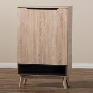 Baxton Studio Fella Mid-Century Modern Two-Tone Oak and Grey Wood Shoe Cabinet